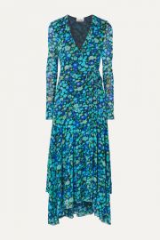 GANNI - Floral-print stretch-mesh wrap midi dress at Net A Porter