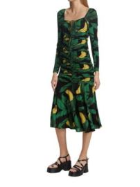 GANNI Banana Print Ruched Midi-Dress on SALE at Saks Off 5th