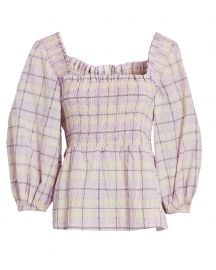 GANNI Smocked Seersucker Plaid Top at Intermix