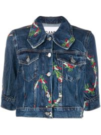 GANNI floral-embroidered Cropped Denim Jacket - at Farfetch