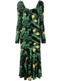 GANNI leaf-print Ruched Midi Dress - at Farfetch