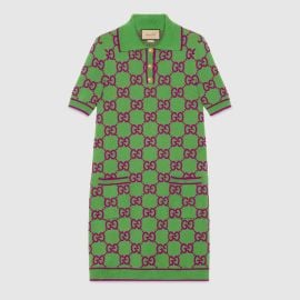 GG cotton and silk blend polo dress in green and purple US at Gucci