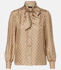 GG tie-neck printed silk twill blouse in beige - Gucci at Mytheresa