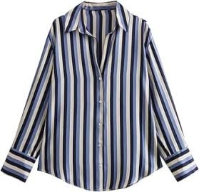 GOKKILRW Womens Blouse Satin Silk Shirts Button Down Shirts Casual Solid/Striped Loose Long Sleeve Office Work Tunic Tops at Amazon