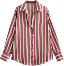 GOKKILRW Womens Blouse Satin Silk Shirts Button Down Shirts Casual SolidStriped Loose Long Sleeve Office Work Tunic Tops at Womens Clothing store at Amazon