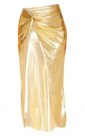 GOLD METALLIC SLINKY KNOT FRONT MIDI SKIRT at Pretty Little Thing