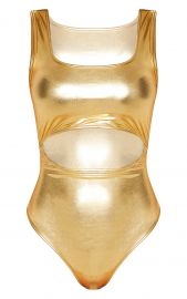 GOLD METALLIC SLINKY SQUARE NECK CUT OUT BODYSUIT at Pretty Little Things