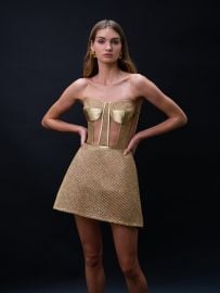 GOLD RAFFIA MINI CORSET STRAPLESS DRESS WITH SHEER INSERTS 8211 ANGEL SANCHEZ at Angel Sanchez