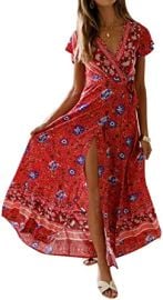 GOSO Bohemian Dresses for Women Casual Short Sleeve V-Neck Split Wrap Floral Printed Maxi Dress at  Womens Clothing store at Amazon