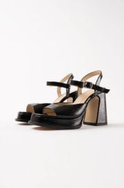 GRACIA - Black Wrinkled Patent Leather Platform Sandals Souliers Martinez at Mrtnz