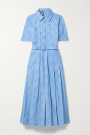 GUCCI Belted pleated cotton Oxford-jacquard midi dress NET-A-PORTER at Net a Porter