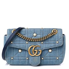 GUCCI Denim Matelasse Pearl Studded Small GG Marmont Shoulder Bag Blue 1208543 FASHIONPHILE at Fasionphile