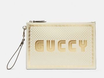 GUCCI GUCCY PRINT POUCH IN WHITE  at LN-CC