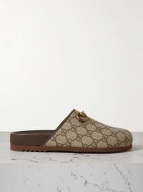 GUCCI Sol embellished leather-trimmed canvas-jacquard slippers at Net a Porter