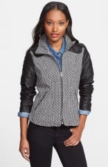 GUESS Faux Leather Sleeve Tweed Scuba Jacket at Nordstrom