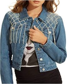 GUESS Women39s Long Sleeve Rhinestone Sexy Trucker Denim Jacket at  Women39s Coats Shop at Amazon