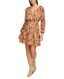 GUESS Womens V-Neck Chiffon Long-Sleeve Dress - Macys at Macys