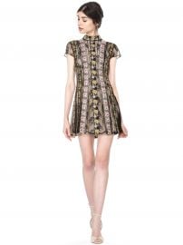 GWYNETH EMBROIDERED HIGHNECK FLARE DRESS at Alice + Olivia 