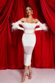 Gaia Off-Shoulder Feather Bandage Dress at Bella Barnett