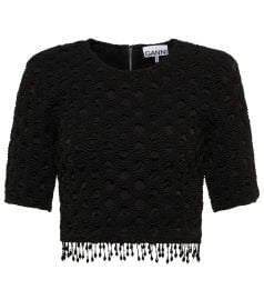 Ganni - Beaded smocked satin top at Mytheresa