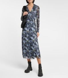 Ganni - Floral mesh wrap midi dress at Mytheresa