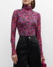 Ganni Floral Mesh Long-Sleeve Turtleneck Top at Neiman Marcus