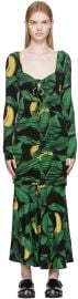 Ganni Leaf print Ruched Midi Dress at Ssense