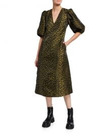 Ganni Leopard-Print Crispy Jacquard Puff-Sleeve Midi Dress at Neiman Marcus