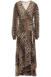 Ganni Leopard-print stretch-mesh midi wrap dress at The Outnet