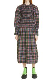 Ganni Plaid Long Sleeve Organic Cotton Blend Dress in Black at Nordstrom  at Nordstrom