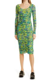 Ganni Print Ruched Long Sleeve Mesh Midi Dress in Sulphur Spring  at Nordstrom