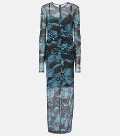 Ganni Printed ruched mesh maxi dress at Mytheresa