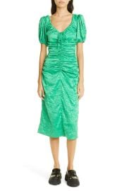 Ganni Ruched Crinkle Satin Midi Dress at Nordstrom