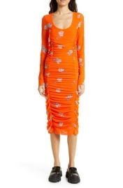 Ganni Ruched Floral Print Long Sleeve Mesh Midi Dress at Nordstrom