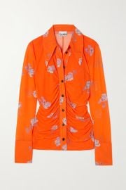 Ganni Ruched Floral Print Mesh Shirt at Net a Porter