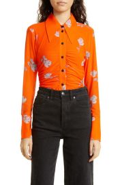 Ganni Ruched Floral Print Mesh Shirt at Nordstrom