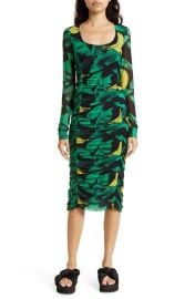 Ganni Ruched Scoop Neck Long Sleeve Stretch Recycled Polyamide Midi Dress at Nordstrom