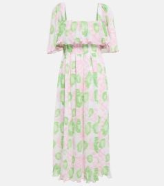 Ganni Shirred printed georgette midi dress at Mytheresa