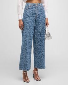 Ganni Wide-Leg Jacquard Denim Pants at Neiman Marcus