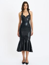 Gardenia Black Leather Midi Sweetheart Halter Flared Dress at Miss Circle