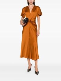 Gathered V Neck Midi Dress in Bronze at Farfetch