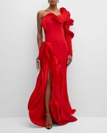 Gaurav Gupta Ruffle One-Shoulder Side-Slit Evening Gown at Neiman Marcus