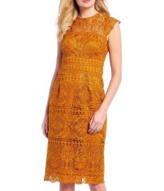 Gena High Neck Cap Sleeve Lace Sheath Dress at Dillards