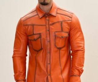 Genuine Lambskin Leather Shirt - Orange Tint - Ron Tomson at Ron Tomson