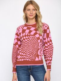 Geo Pattern Puff Sleeve Sweater in BrownPink JAYNE Boutique at Jayne Boutique