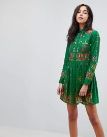 Geo-Tribal Mini Embroidered Skater Shirt Dress by ASOS at Asos