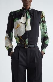 Giambattista Valli Giant Bloom Print Tie Neck Cashmere Silk Button Up Shirt at Nordstrom