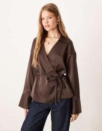 Gina Tricot tie front satin shirt in brown at ASOS