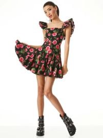 Ginny Ruffle Sleeve Godet Dress In Cheri Floral Alice And Olivia at Alice and Olivia