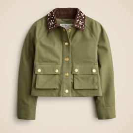 Girls\' flower-embellished cropped Barn Jacket™ in stretch herringbone at J. Crew